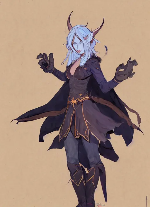 Prompt: concept art painting of a woman with brown skin and short white hair, demon horns, elf ears, full clothing, blue clothes, robes, detailed, cel shaded, in the style of ruan jia and artgerm and makoto shinkai and james gurney