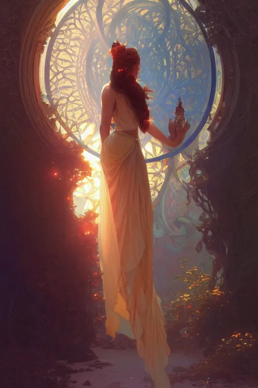 Image similar to painting of a shy noon in front of a dimensional portal, decorated, intricate, elegant, highly detailed, digital painting, artstation, concept art, smooth, sharp focus, illustration, art by artgerm and greg rutkowski and alphonse mucha, 8 k