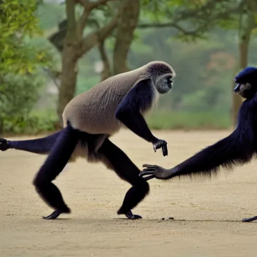 Image similar to a gibbon and a goose having a kung fu battle