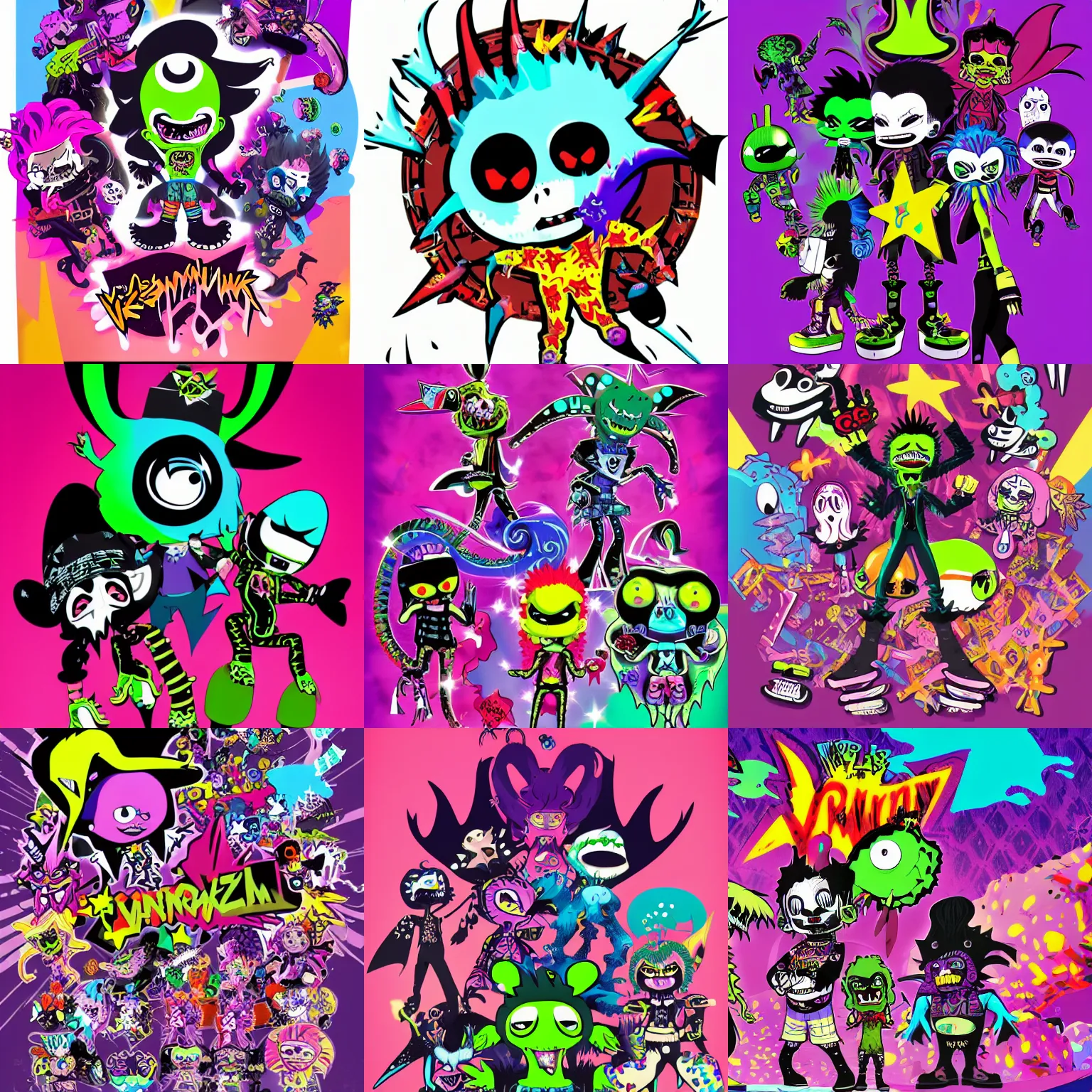 Prompt: lisa frank punk rocker vampiric electrifying rockstar vampire squid concept character designs of various shapes and sizes by genndy tartakovsky and rad sechrist and Jamie Hewlett from gorrilaz and tim shafer and okami the videogame by clover studio for the new splatoon game by nintendo