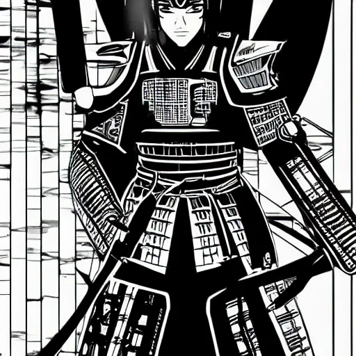 Image similar to a post - modern samurai cyborg in manga style, manga, black and white, japanese, action portrait art