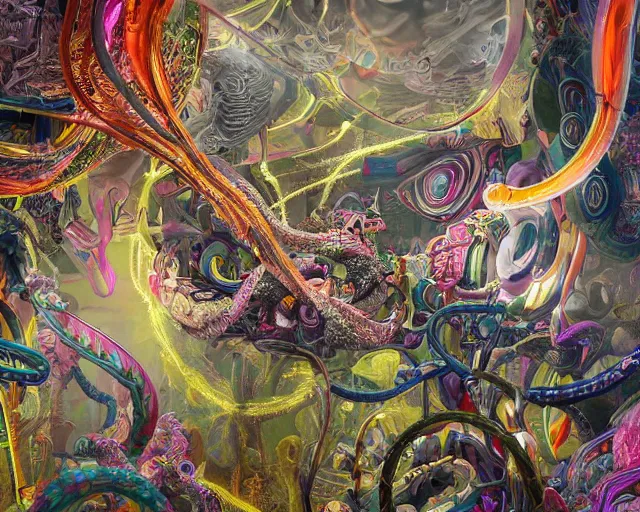 Image similar to hyperdetailed maximalist artwork by billelis inspired by oozium. Artstation. 8k 4k 64megapixels seen from below. Ant's eye perspective. Focus Giant floating alabaster skull drapped over with 1000 twirling emerald snakes. Unreal engine 5. Surreal render. Slightly blurry speedpainted minimal Swiss landscape below in the style of loish and holosomnia. Unrealistic harmonic colors. Sundown.