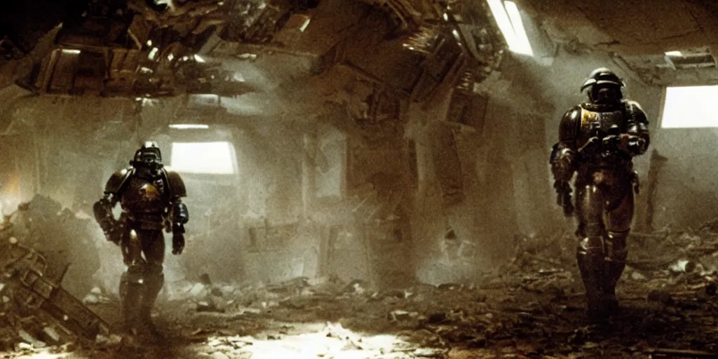 Image similar to color film still, a space marine exploring inside a destroyed settlement ; alien 2 ( 1 9 8 6 )