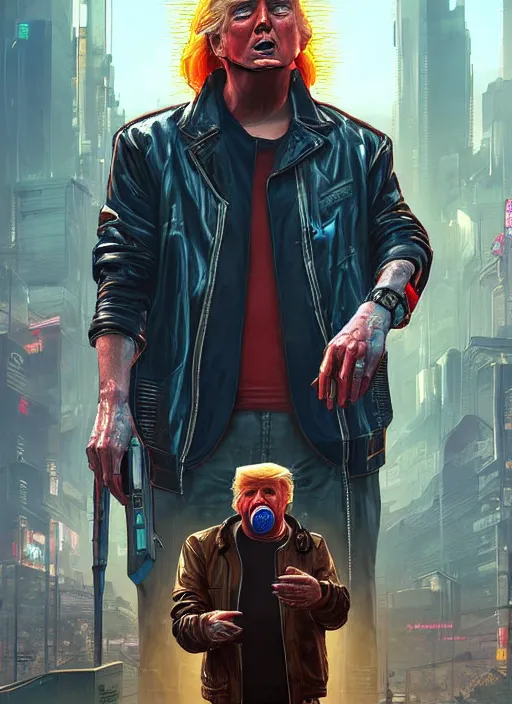 Image similar to portrait of Trump as a homeless character in Cyberpunk 2077, looking at camera, intricate, dystopian, sci-fi, extremely detailed, digital painting, artstation, concept art, smooth, sharp focus, illustration, intimidating lighting, incredible art by artgerm and greg rutkowski and alphonse mucha and simon stalenhag