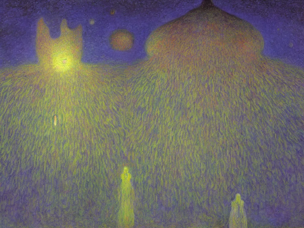 Image similar to study of the psychedelics dream bot mothership firefly net over the sublime sacred rock. painting by mikalojus konstantinas ciurlionis, monet, bosch, wayne barlowe, agnes pelton, rene magritte