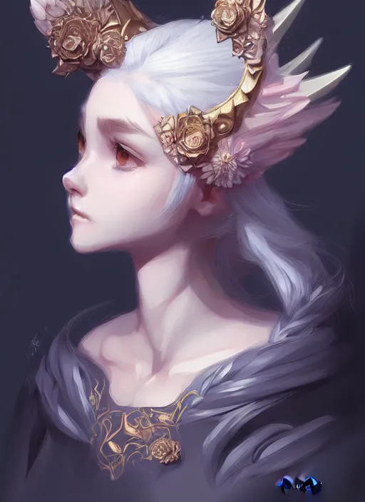 Image similar to cute baby dragon, black, white, blue, pink and gold color scheme, flowers, cool, highly detailed, artgerm, cushart krenz, artstation, soft light, sharp focus, illustration, character design, concept art