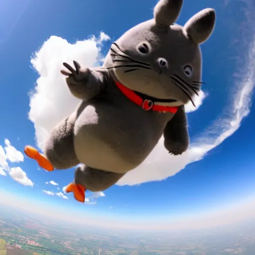 Image similar to super fat totoro skydiving while waving at the camera