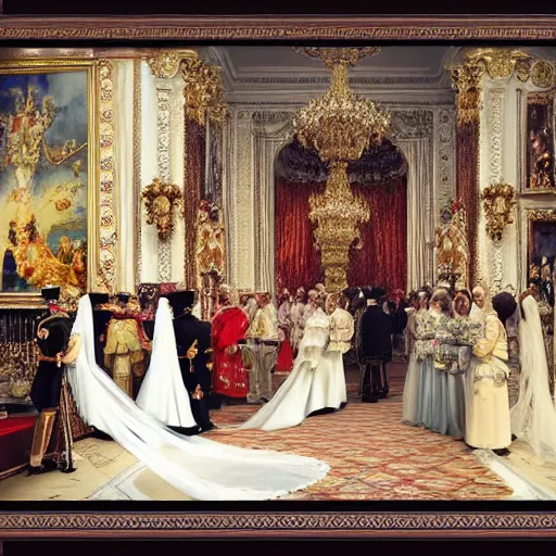 Image similar to Photograph of a royal wedding for queens, vertical symmetry, photograph, high detail, vintage shading, warm colors by Ilya Repin and artgerm