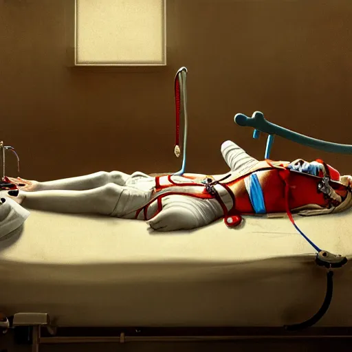 Image similar to crazy clown lying in hospital bed with wrist restraints on, restraints straps attached to hospital bed siderails, greg rutkowski, photograph, 8 k