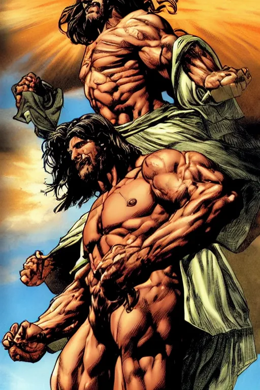 Prompt: character art by mike deodato, jesus, absolute chad