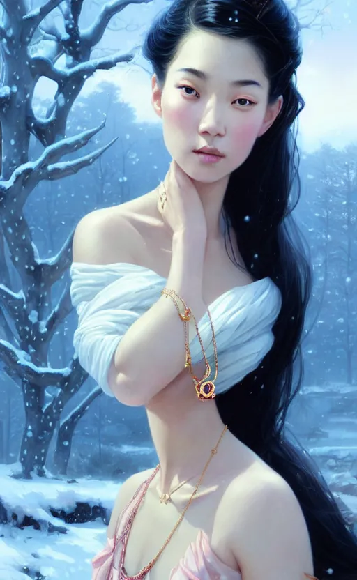 Image similar to a beautiful young charming asian goddess with sundress + jewelry + shinny eyes | | winter, symmetric, realistic shaded, unpleasant face, good looking, fine details, dior, lv, realistic shaded lighting poster by greg rutkowski, macoto takahashi, magali villeneuve, artgerm, jeremy lipkin and michael garmash