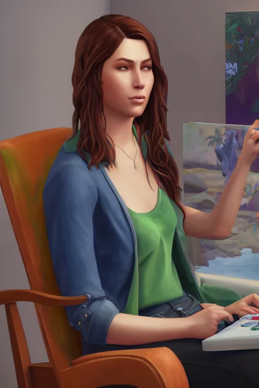 Image similar to lauren playing the sims 4, oil on canvas, intricate, portrait, 8 k highly professionally detailed, hdr, cgsociety