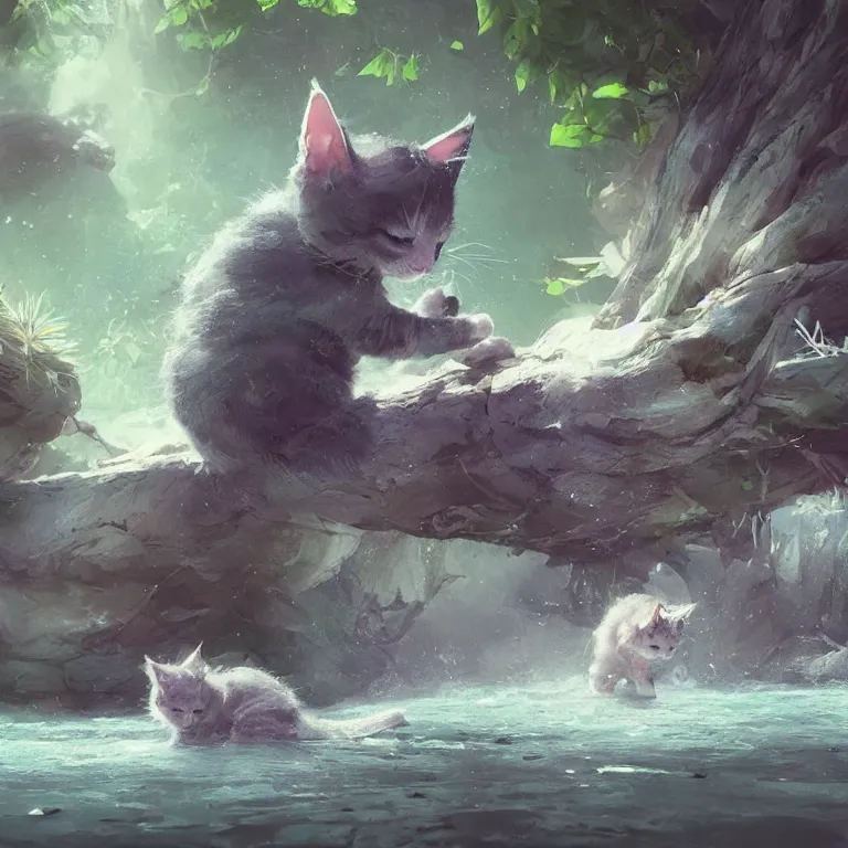 Image similar to a painting of a cute kitten at a river. character design by cory loftis, fenghua zhong, ryohei hase, ismail inceoglu and ruan jia. volumetric light, detailed, rendered in octane