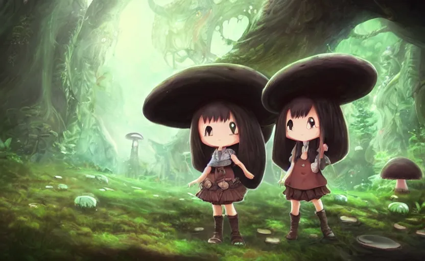 Prompt: cute little girl with an long black hair wearing an mushroom hat in the dark forest next to a sinister monster, cute artwork, clean detailed art, inspired by made in abyss, detailed background, fantastic world