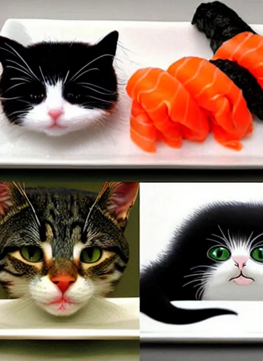 Image similar to clear photorealistic picture of adorable cats made out of sushi