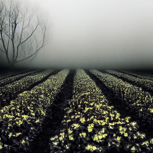 Image similar to big garden with black flowers, fog, rainy weather, metal album cover style, greyish colors, 4K