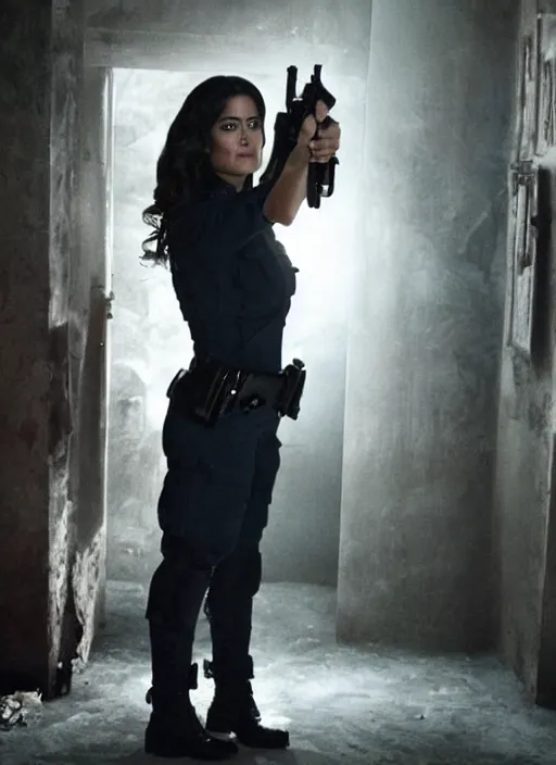 Prompt: film still of salma hayek in a haunted house, ghostly figures surrounding her, revealing cop uniform, 4k