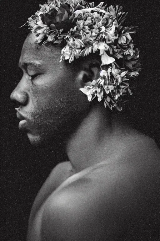 Image similar to a black young man's face in profile, with a guitar made of flowers and fruit, in the style of the Dutch masters and Alec Soth, dark and moody