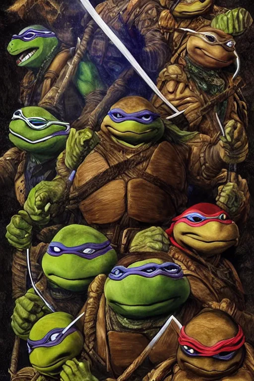 Prompt: portrait of jim henson ninja turtles movie across the ages , frazetta themed, insanely detailed and intricate, golden ratio, elegant,cinematic