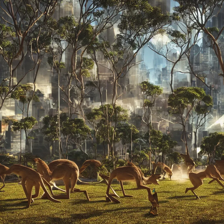 Image similar to sydney invaded by kangaroos in the future, hyperealistic very colourful hdr cinematic lighting cgi render photorealistic cinematic octane render