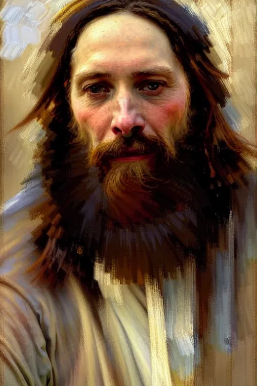 Image similar to impressionist brushstrokes!!!!!!!!! solomon joseph solomon and richard schmid and jeremy lipking victorian loose genre loose painting full length portrait painting of jesus with a slight smile happy inviting