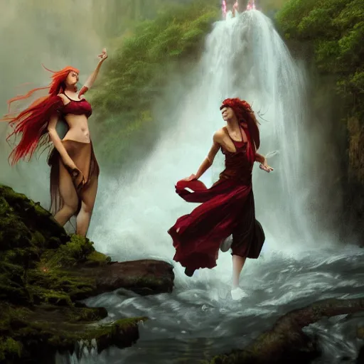 Prompt: an extremely detailed portrait of four polyamorous red haired witches dancing while hiding from a thunderstorm in a cave behind a waterfall, epic fantasy, viewed in profile from far away, sharp focus, detailed face, art by greg rutkowski and alphonse mucha, volumetric lighting, 4 k resolution, trending on artstation, masterpiece