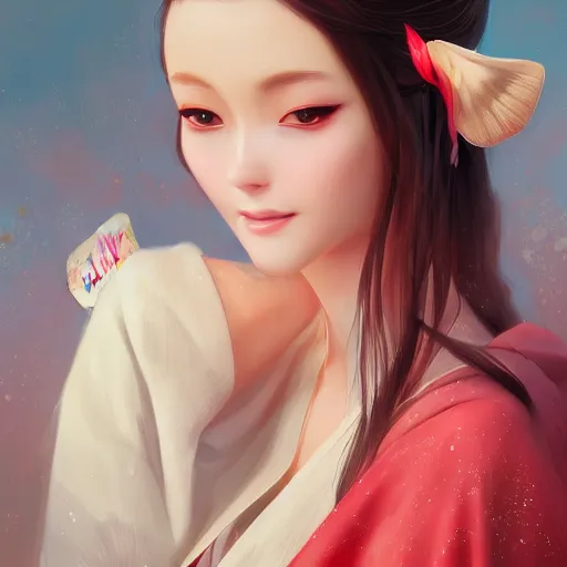 Image similar to A potrait of a beautiful, shapely woman with fox ears wearing a modest kimono, digital painting, by Stanley Artgerm Lau, WLOP, Rossdraws, LeraPi, and Sakimichan, digtial painting, trending on ArtStation, deviantart, SFW version