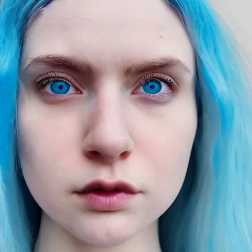 Image similar to a pale girl with blue hair, soft facial features, looking directly at the camera, neutral expression, extreme close up, instagram picture