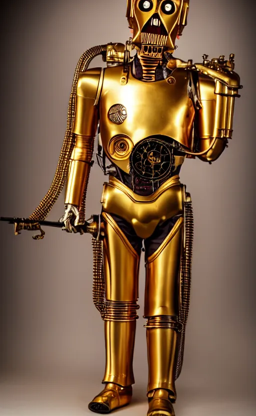 Image similar to steampunk version of c 3 po, promotional photo, studio lighting