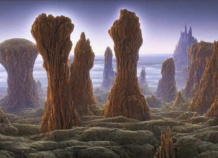 Prompt: strange surrealist detailed alien electronic-musical-instruments!! in a bryce 3d surrealist landscape biome, designed by john howe, and pixar!!, Michael Whelan art directs Dune (1984), hyper detailed, photorealistic, 8k, hd