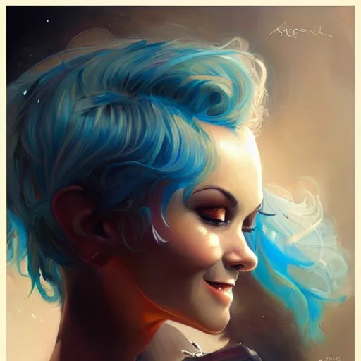 Prompt: a beautiful painting of a smiling woman with stylish short blue hair and sparkling blue eyes representative of the art style of artgerm and wlop and peter mohrbacher, portrait, mischievous grin