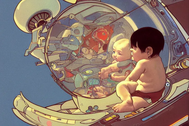 Image similar to a baby in a spaceship, very detailed, smooth render, illustration, art style by shigeru miyamoto and Alphonse Mucha