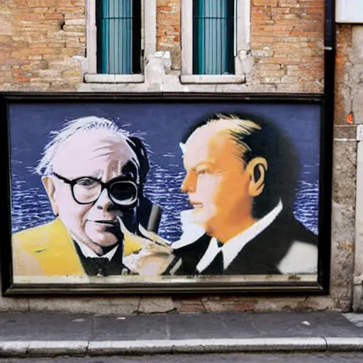 Prompt: A photograph of a Banksy painting of Warren Buffet and Paul McCartney in Venice