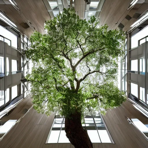 Image similar to an oak tree growing in an atrium, natural light, photo, 4 k