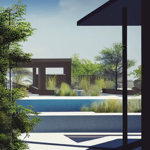 Prompt: architectural rendering of brutalism habitat 6 7 in the desert, biophilia style, pool, garden