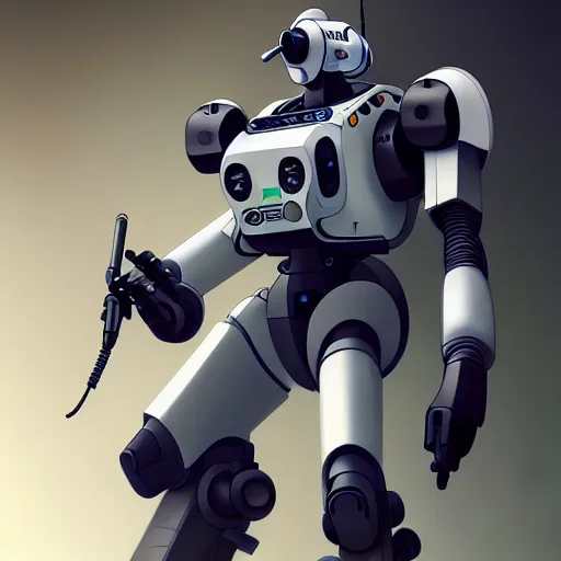 Image similar to portrait of medical paramedic patlabor ape mech,wires,gadgets,cables,lenses,gears,led displays,UI intricate, elegant, highly detailed, digital painting, artstation, concept art, smooth, sharp focus, illustration, art by artgerm and greg rutkowski and alphonse mucha