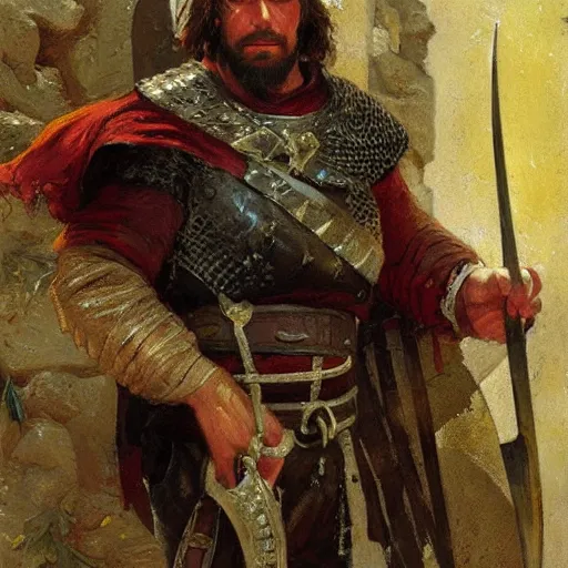 Prompt: a medieval fighter, turkish features, resting after a hard fight, happily tired, fantasy character portrait by gaston bussiere, craig mullins