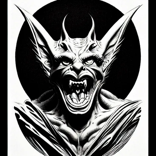 Image similar to gargoyle portrait soft light, by bernie wrightson and joe fenton, inspired art deco, etching, fine, sharp high detail, duotone screen print,