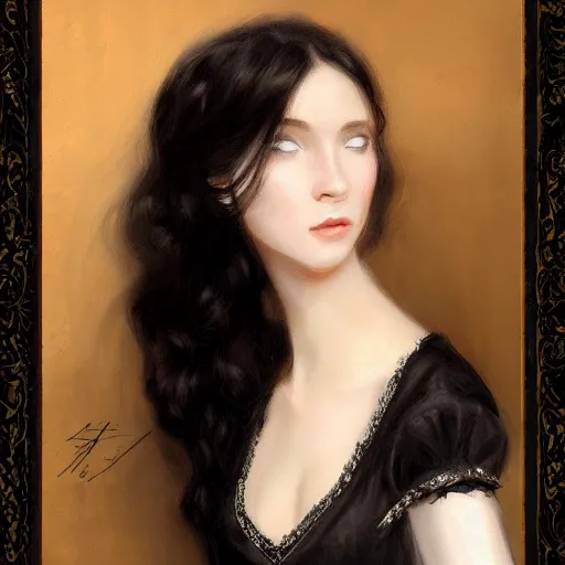 Image similar to a beautiful young woman, pale skin, black long hair, aristocrat, black expensive dress from 1 8 6 0, digital art, studio photo, realistic, artstation, high quality, wild west