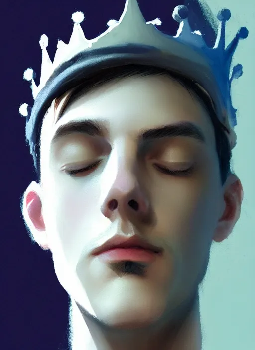 Image similar to portrait of teenage jughead jones wearing a light grey crown, photorealistic, crown, eyes closed, crown, black hair, intricate, elegant, glowing lights, highly detailed, digital painting, artstation, concept art, smooth, sharp focus, illustration, art by wlop, mars ravelo and greg rutkowski