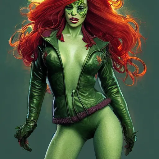 Image similar to full figure ultra realistic illustration, poison ivy from dc comics wearing a bomber jacket, highly detailed, digital painting, artstation, concept art, smooth, sharp focus, illustration, art by artgerm and greg rutkowski and alphonse mucha