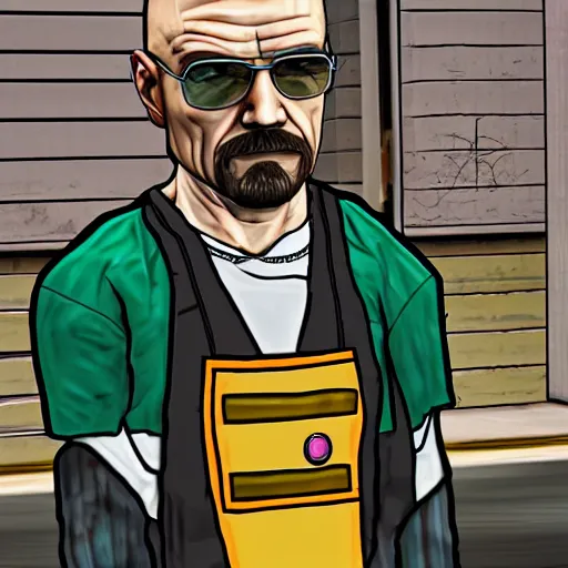 Image similar to Walter White as a character in Gta San Andreas, Gta loading screen style, rockstar games, pc game, flat colors