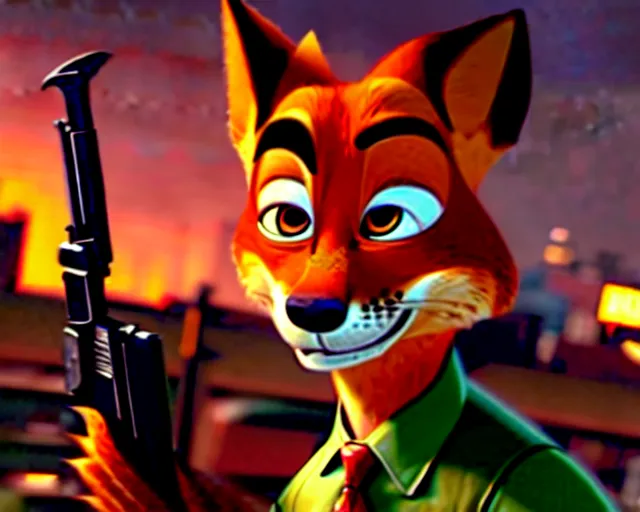 Prompt: nick wilde as max payne in max payne 3 set in gritty neo - noir zootopia, favela level