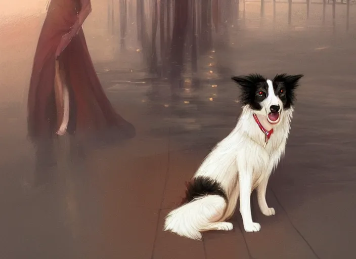 Prompt: wide angle beautiful full body portrait of a strong male anthropomorphic anthro border collie fursona in an evening gown on a pier at night, character design by charlie bowater, henry asencio, and ross tran, disney, detailed, sharp focus, matte, aesthetic, trending on artstation, furaffinity, deviantart