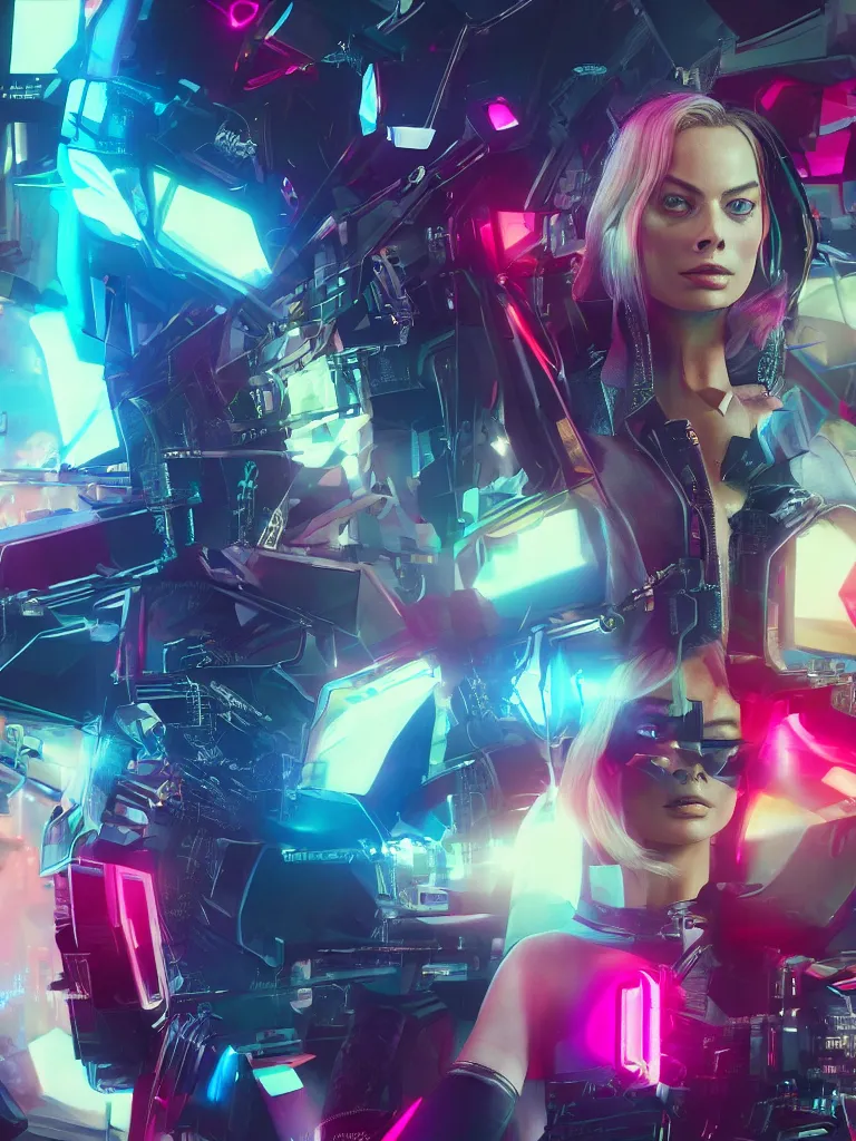 Image similar to margot robbie as a cyberpunk ninja, retro futurism, flashy colors, ray tracing, realistic, rendered in unreal, 8 k, cinematic lighting, highly detailed