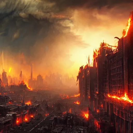 Prompt: a city is scorched by the sun, apocalypse, chaos, giant sun, flames, chaotic atmosphere, epic fantasy art, trending on artstation, trending on deviantart, high detail, high definiton, ultra realistic, hyper realistic, photo realistic, 4 k uhd,