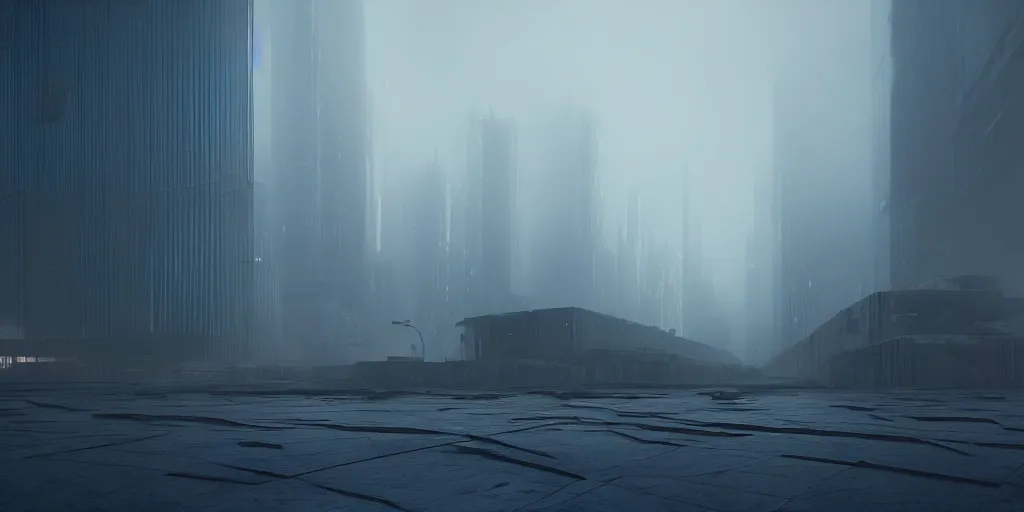 Prompt: an abandoned dystopian city of parametric architecture, by federico pelat and craig mullins and james paick and zaha hadid, hyperrealism, 8 k resolution, octane render, cinematic, ominous, dramatic, volumetric lighting, misty