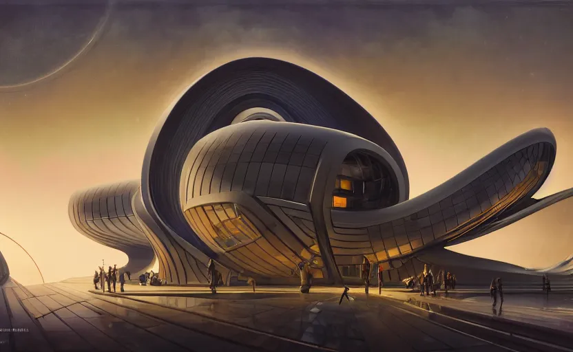 Prompt: exterior shot of utopian architecture laboratory with cinematic lighting by zaha hadid and renzo piano, darek zabrocki and greg ruthkowski, alphonse mucha, simon stalenhag, cinematic, lambda shape, scifi, futurism, atmospheric, sunset, concept art, artstation, trending on artstation