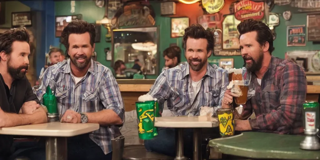 Prompt: ronald mcdonald and rob mcelhenney having a beer together at paddy's pub, realistic, photograph, tv show still