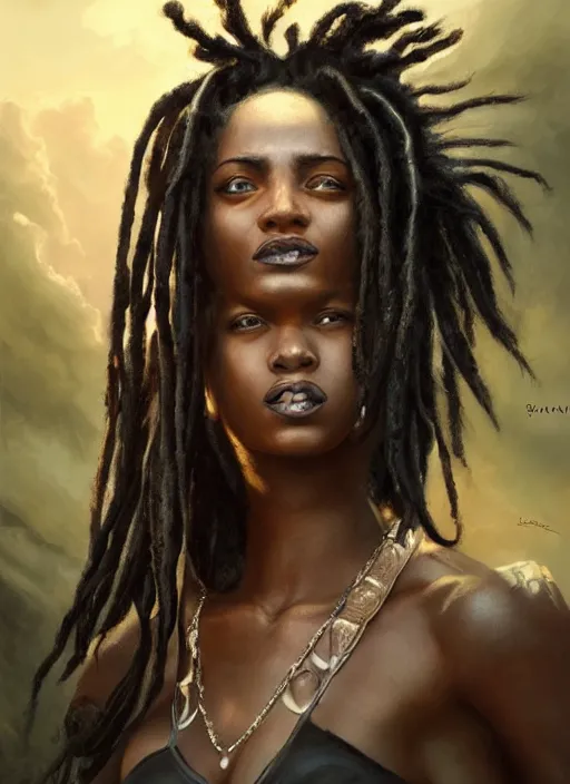 Image similar to girl with black dreadlocks, beautiful highly detailed face, complementary lighting, backlit, black eyeshadow, grinning, adventure, dramatic lighting, landscape background, beautiful painting by artgerm and greg rutkowski and raymond swanland